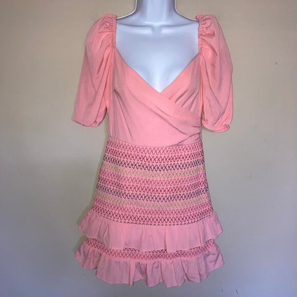 Lovers + Friends Archie Mini Dress Pink Lemonade Smocked Skirt Ruffles Side Zip - Picture 5 of 16